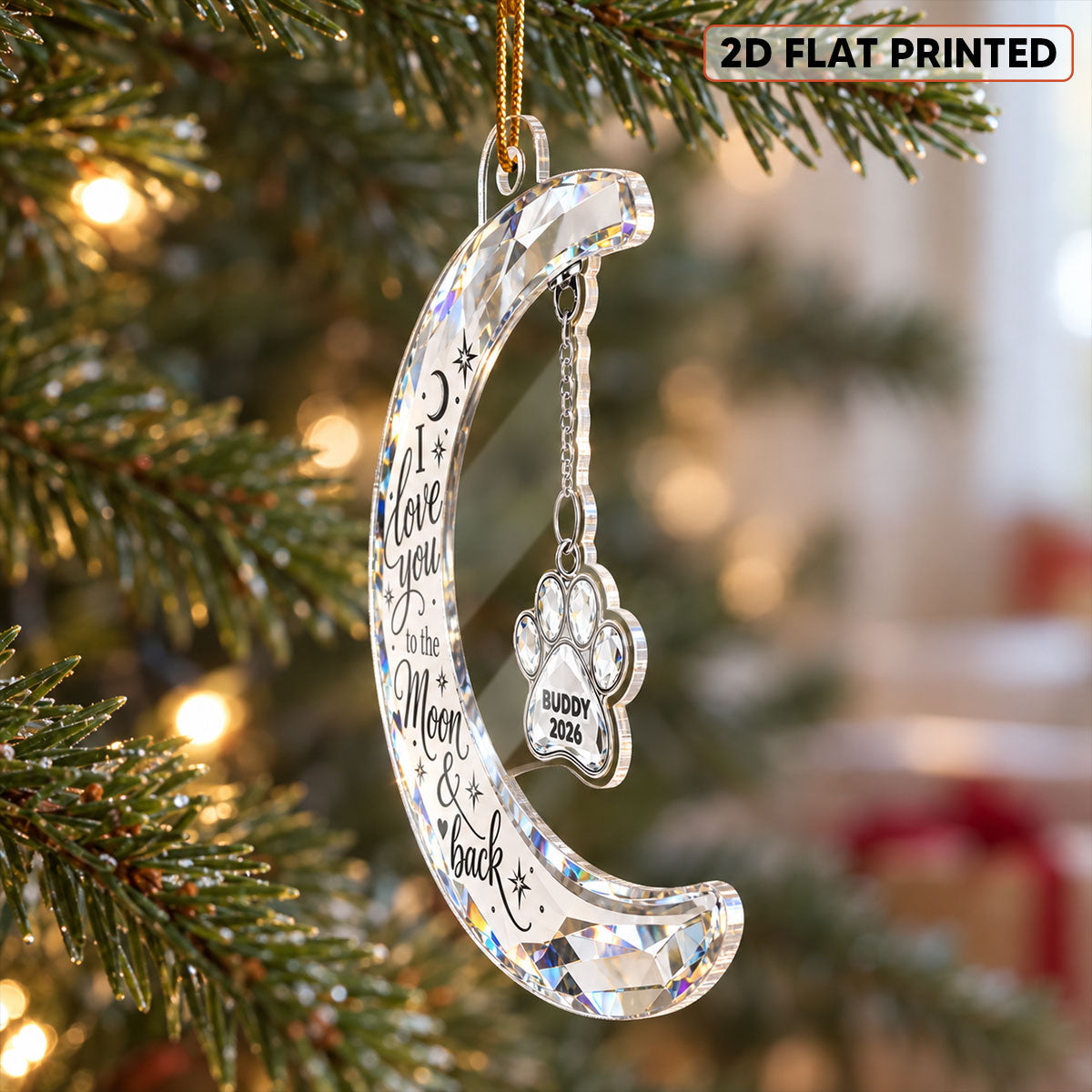 Pet Memorial Crystal Moon & Hanging Paw 2D Flat - Personalized Acrylic Ornament - Custom Pet Name & Year Remembrance Keepsake, Sympathy Gift for Dog & Cat Lovers