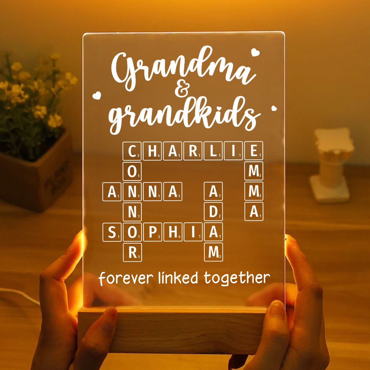 Grandma Grandpa & Grandkids Forever Linked Together Crossword Puzzle Personalized Acrylic Plaque With LED Night Light