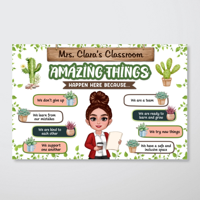 Greenery Boho Plants Amazing Things Happen Here Teacher Personalized Poster, Classroom Decoration