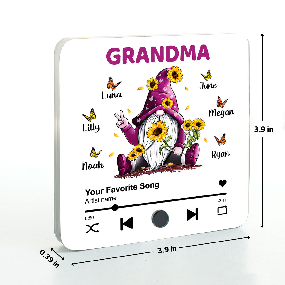 Sunflower Gnome Butterflies Grandma With Grandkids Personalized Music Fridge Magnet, Heartfelt Gift For Mom For Grandma
