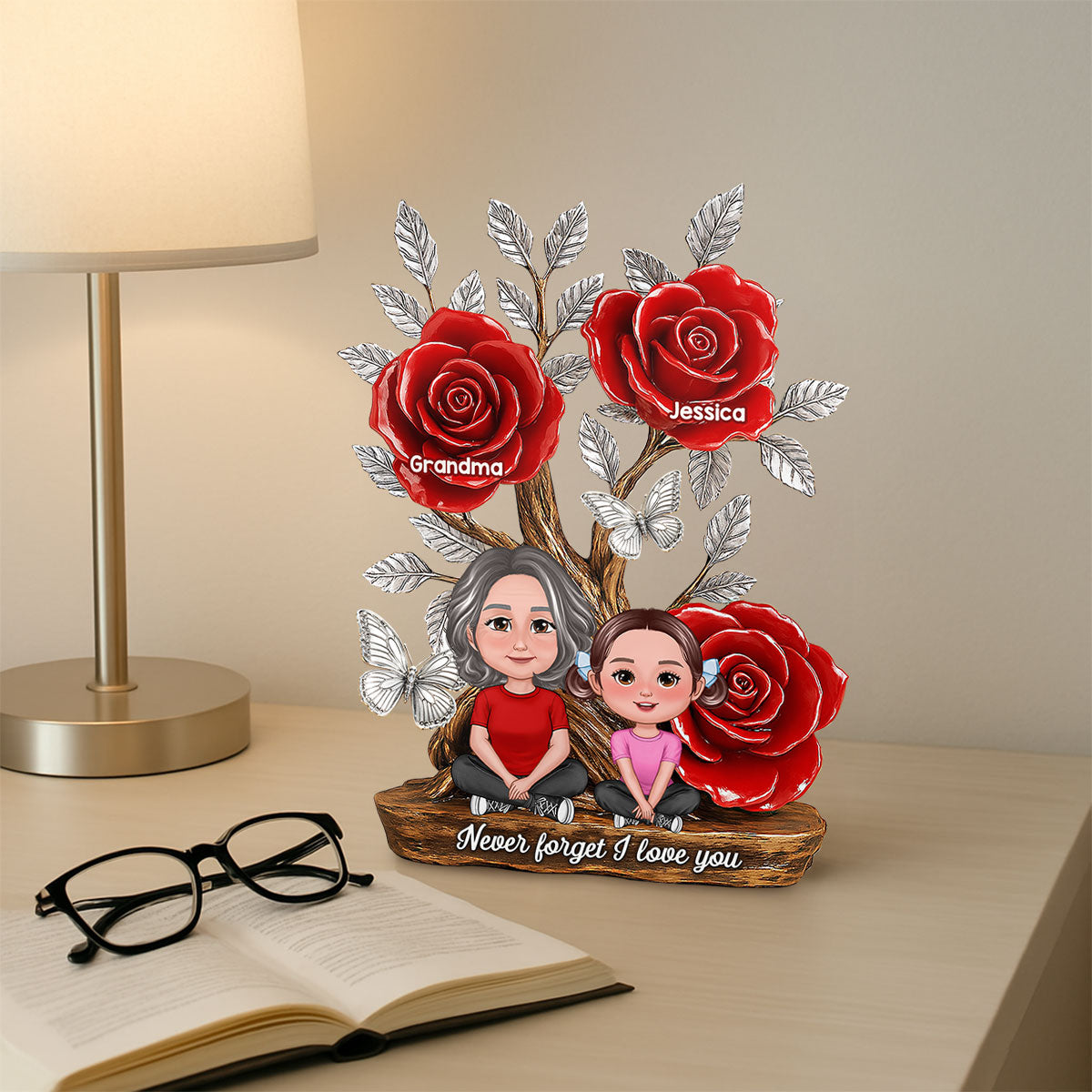 Mom Grandma & Kids Sitting Under Tree With Roses Personalized Acrylic Block Plaque