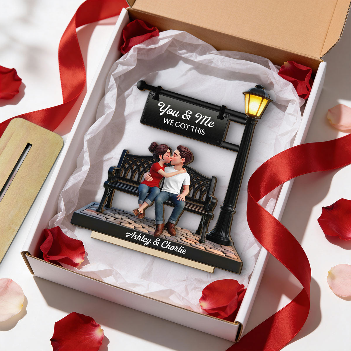 Everlasting Love Couple Sitting Kissing Under Lamp Post - Personalized 2-Layered Wooden Plaque - Heartfelt Gift For Couple
