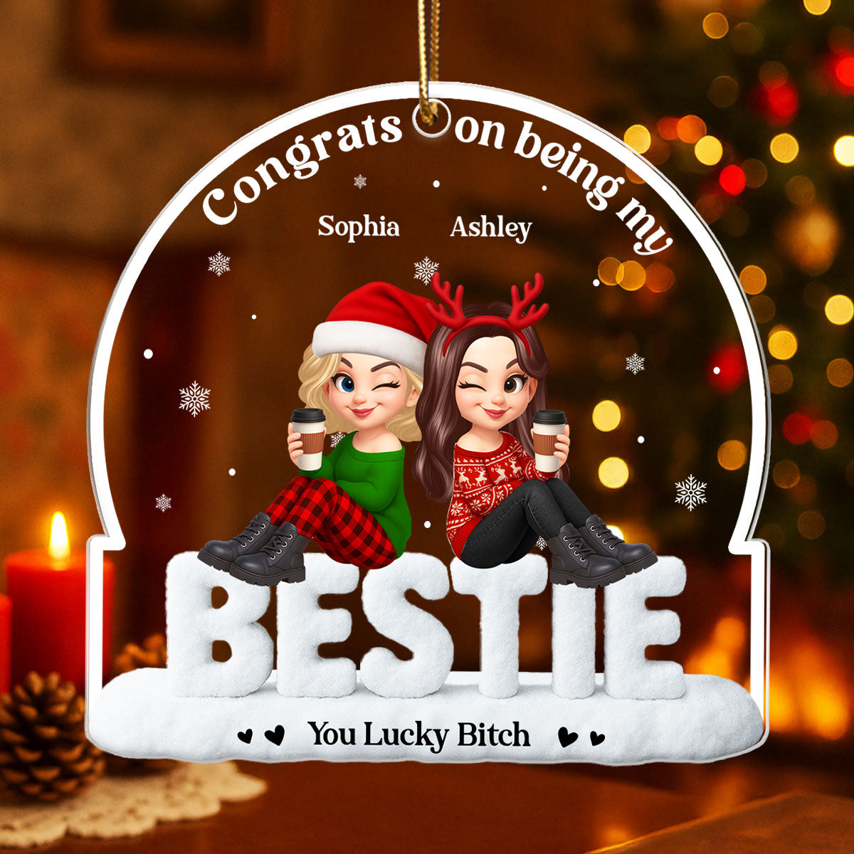 Congrats On Being My Besties Sisters Sitting On Text Personalized Acrylic Ornament