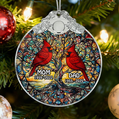 Tree Of Life Cardinal Mom Dad Stained Glass Effect - Personalized Glass Ornament With Silver Cap - Christmas Memorial Keepsake For Family