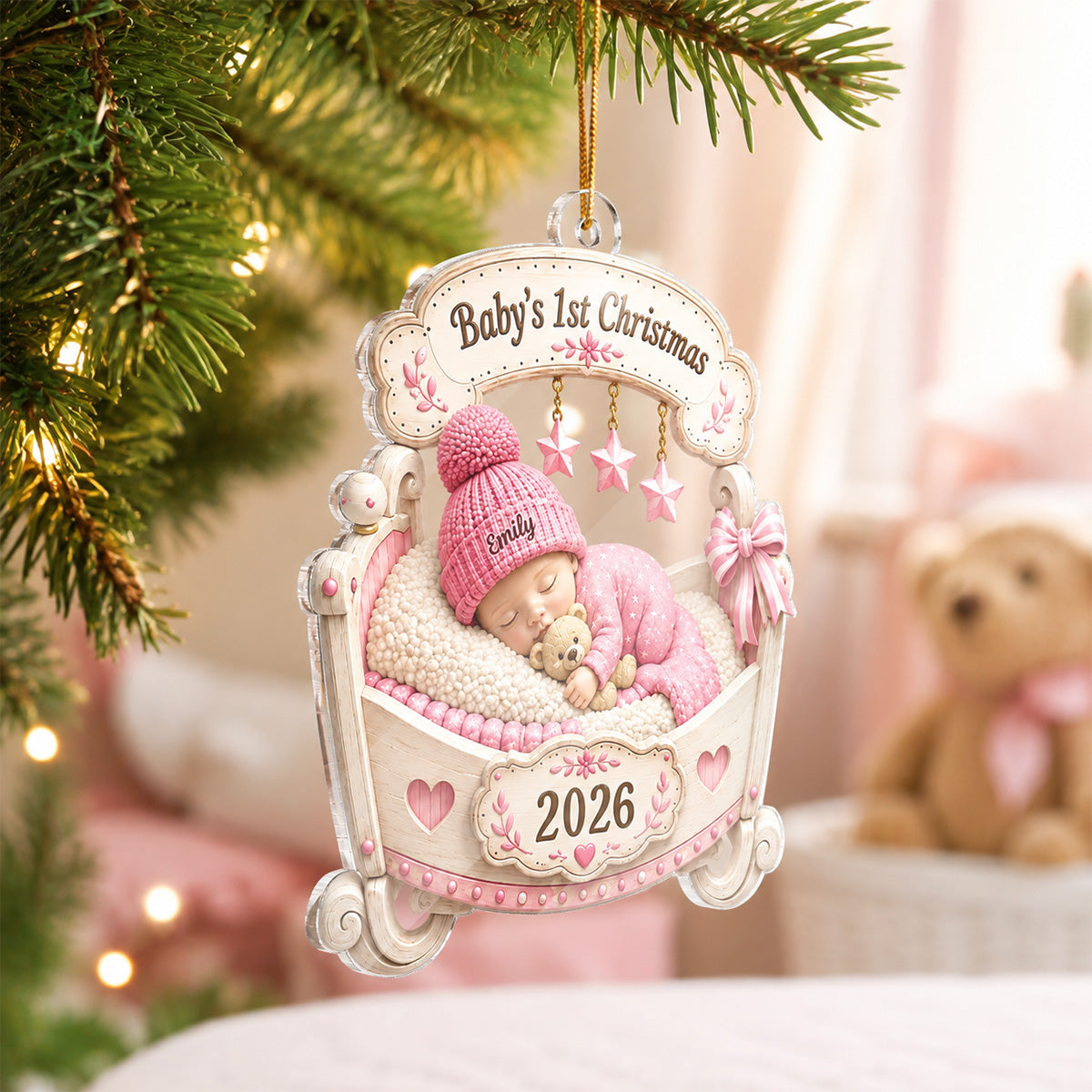 Baby’s First Christmas Sleeping Baby Crib 2D Flat – Personalized Acrylic Ornament – Christmas Keepsake for Newborn