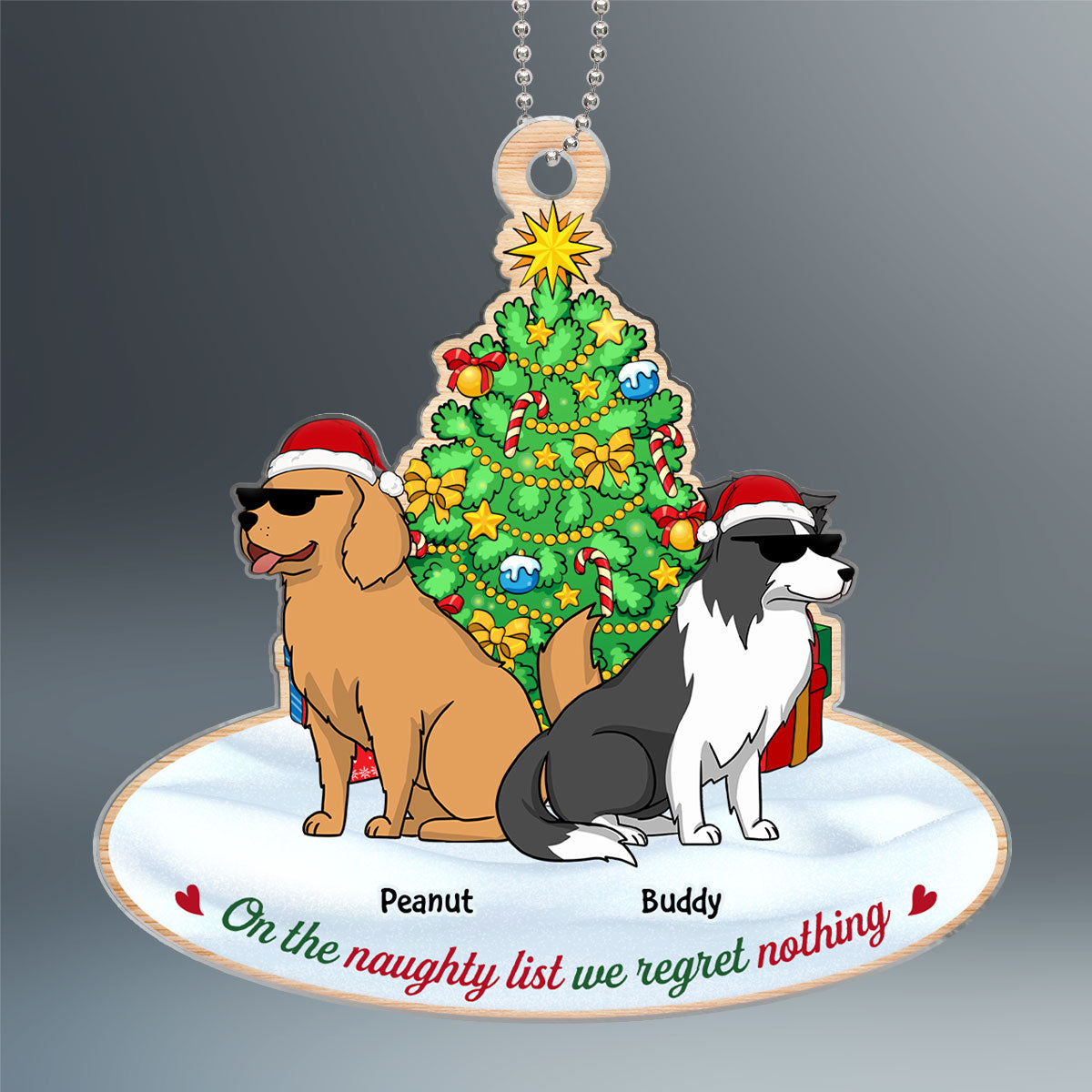On The Naughty List We Regret Nothing Funny Cartoon Dogs Christmas Tree Personalized Acrylic Ornament