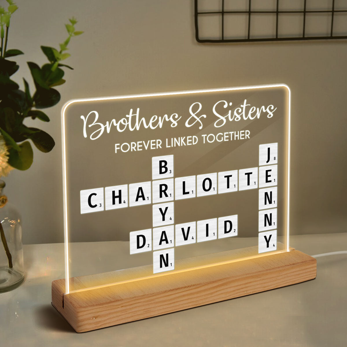 Brothers & Sisters Forever Linked Together Crossword Puzzle Art Personalized Acrylic Warm LED Night Light, Perfect Gift For Brothers, Sisters, Siblings, Family