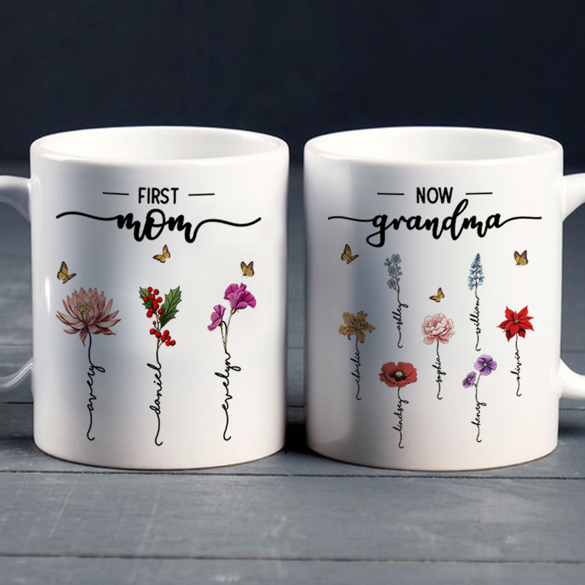 First Mom Now Grandma Birth Flower Personalized Mug