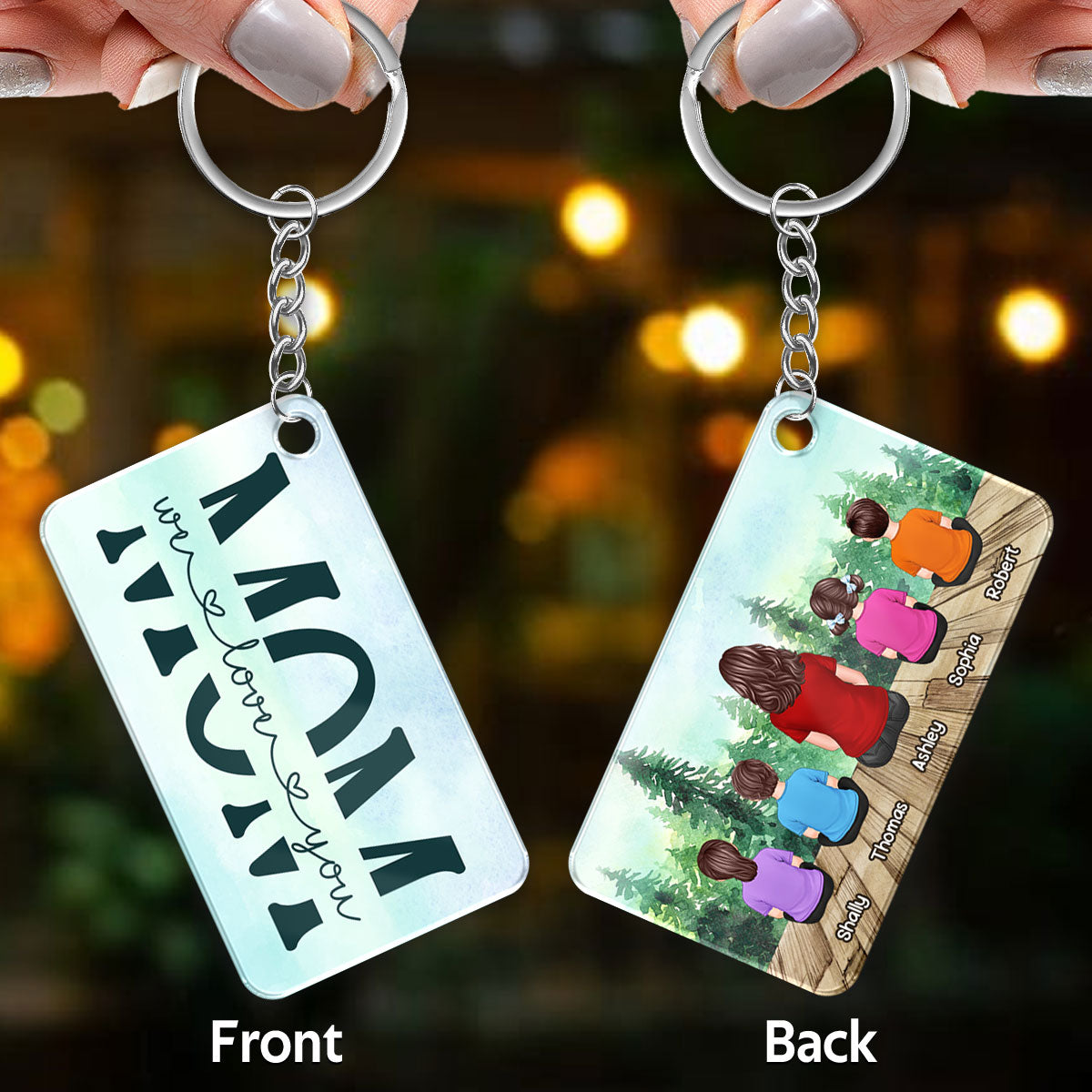 Mom And Kids Back View Sitting Forest Personalized Acrylic Keychain