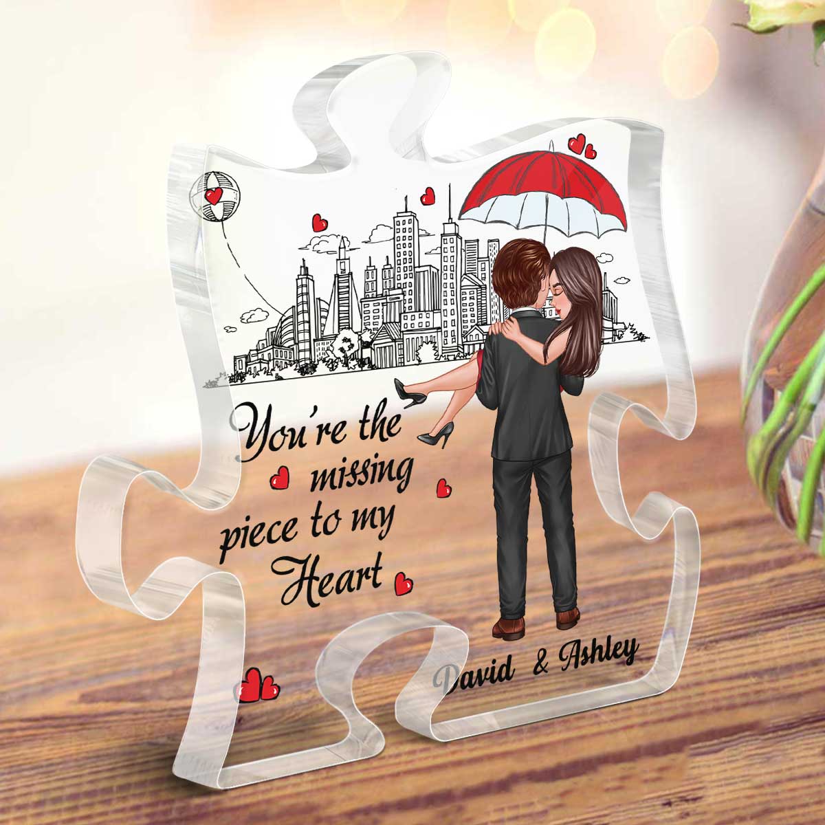 Embracing Hugging Doll Couple Outline Background Personalized Puzzle Acrylic Plaque