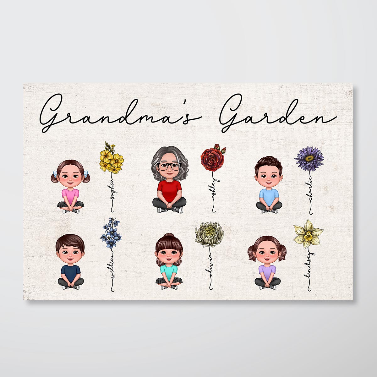 Grandma Grandkids Crossed Legs Sitting Vintage Birth Flower Personalized Poster
