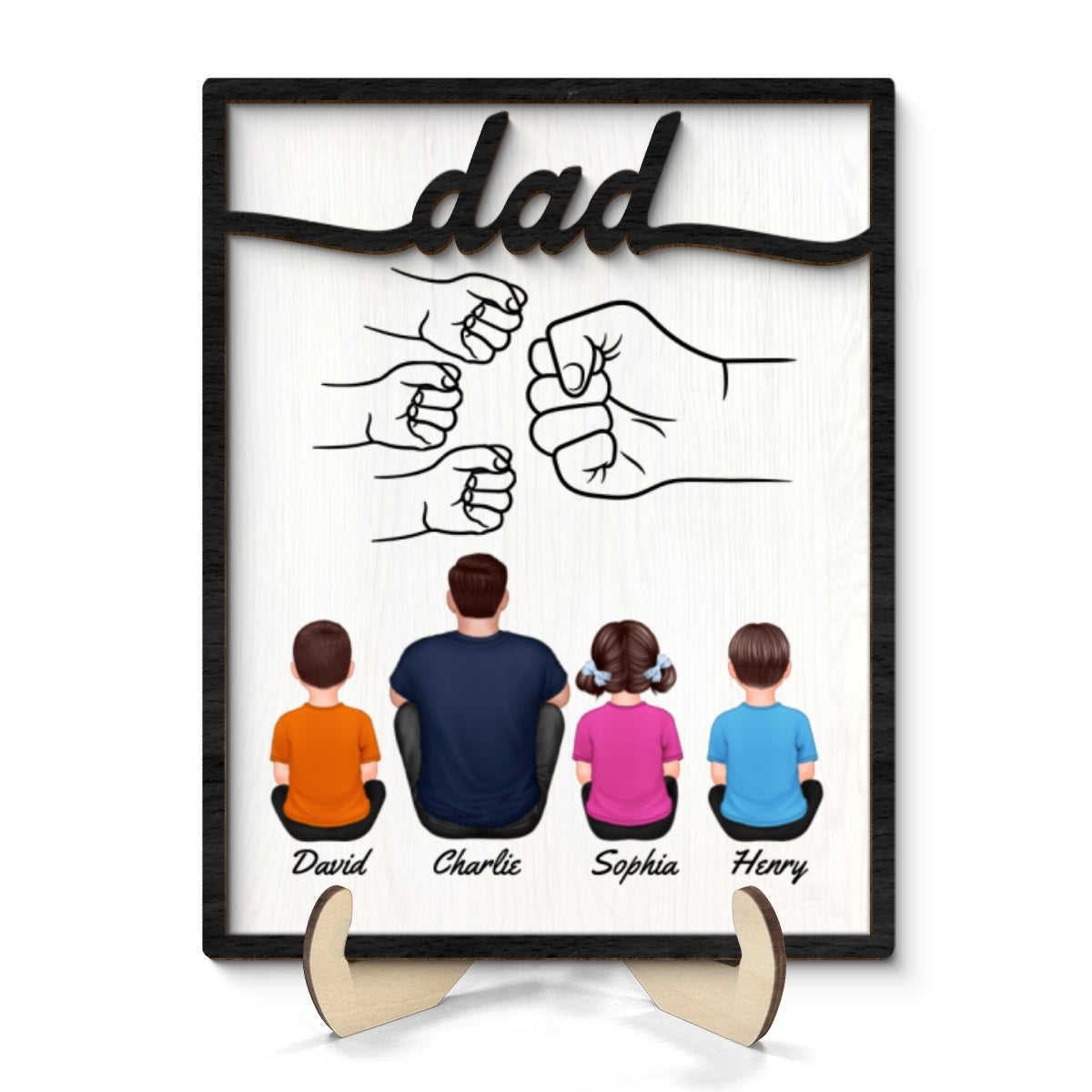 Dad And Kids Fist Bump Personalized 2-Layer Wooden Plaque