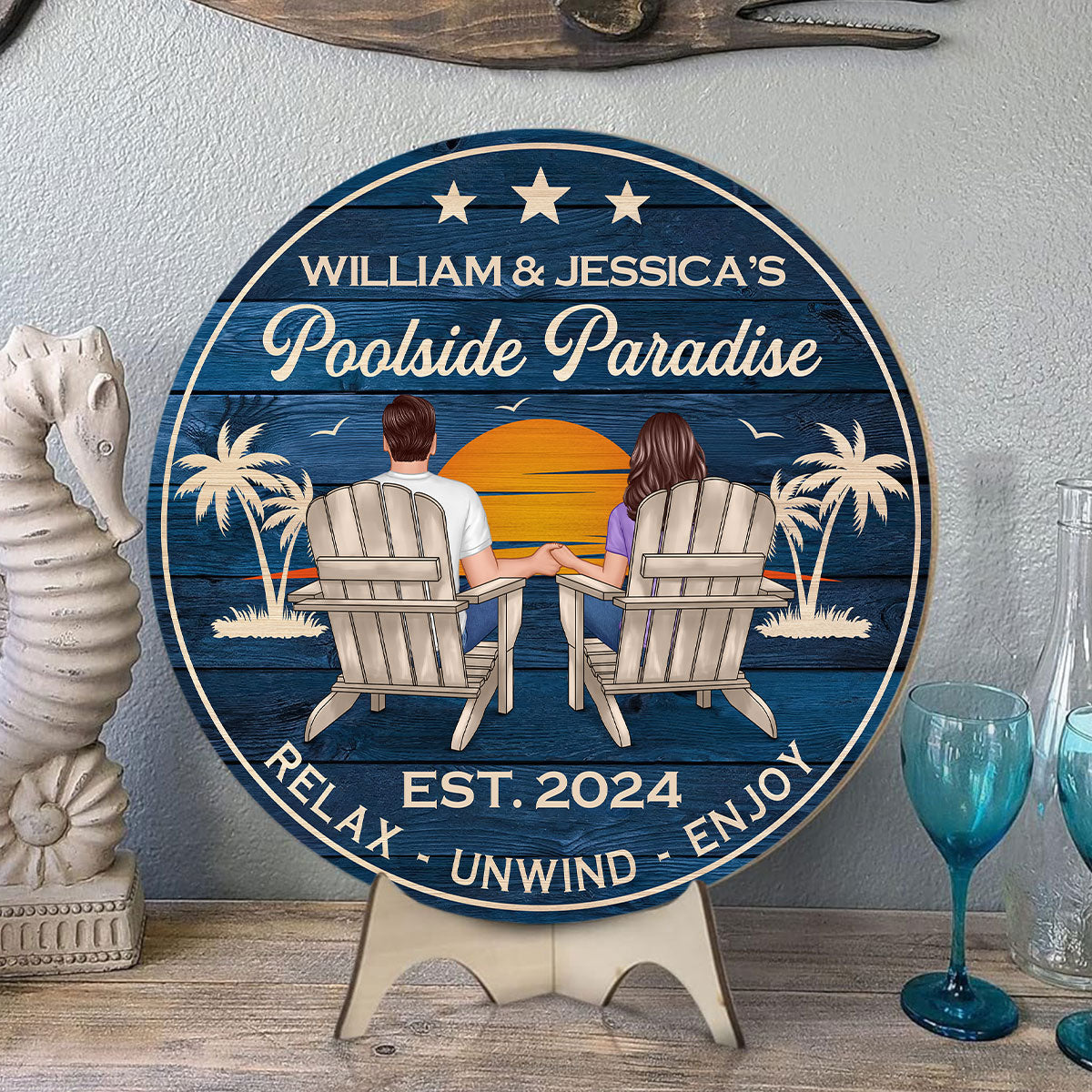 Poolside Paradise Couple Sitting - Personalized Wood Sign