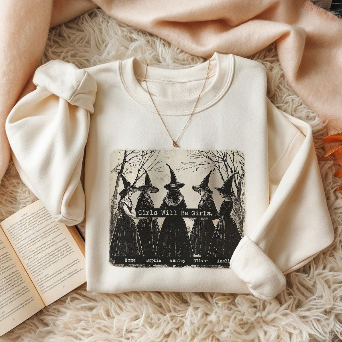 Vintage Witch Girls Will Be Girls Personalized Sweatshirt, Halloween Party Matching Shirt