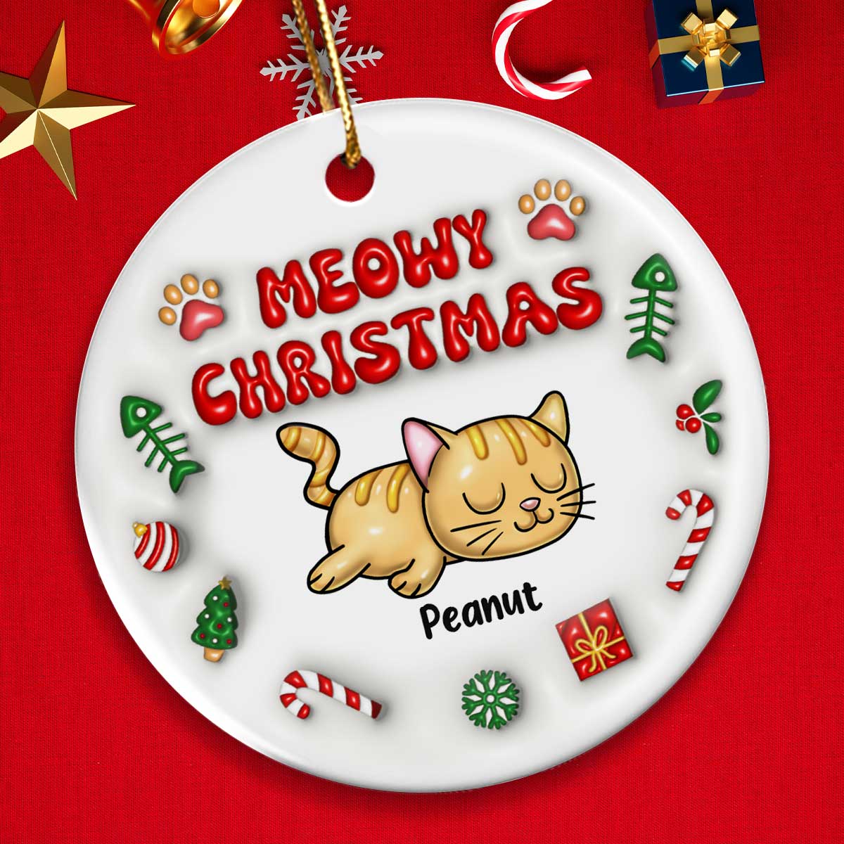 3D Inflated Meowy Christmas Sleeping Cats Personalized Ceramic Ornament, Christmas Gift For Cat Lovers
