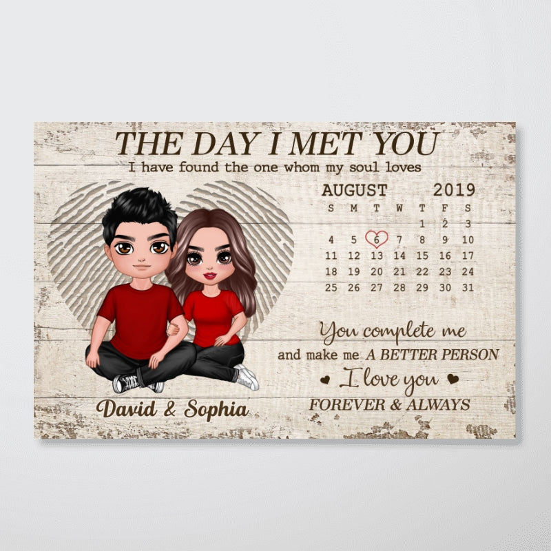 Fingerprint Embracing Doll Couple Sitting The Day I Met You Calendar Anniversary Date Gift For Him For Her Personalized Horizontal Poster