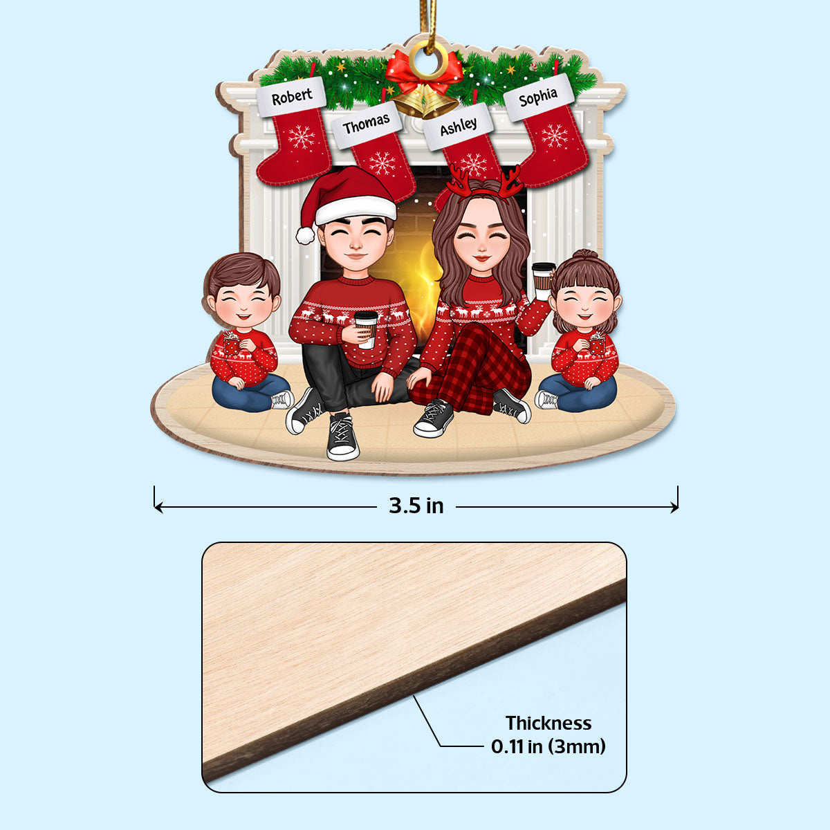 Cute Doll Family Dad Mom Kid Dog Cat Sitting At Fireplace Personalized Wooden Ornament