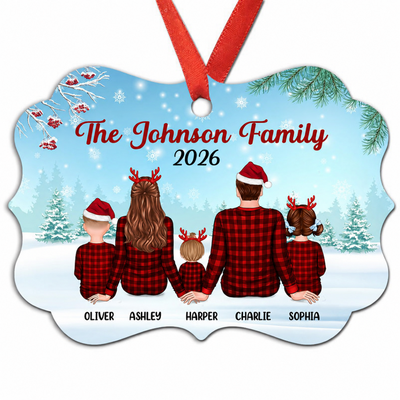 Checkered Pattern Pajamas Family Back View Personalized Christmas Ornament