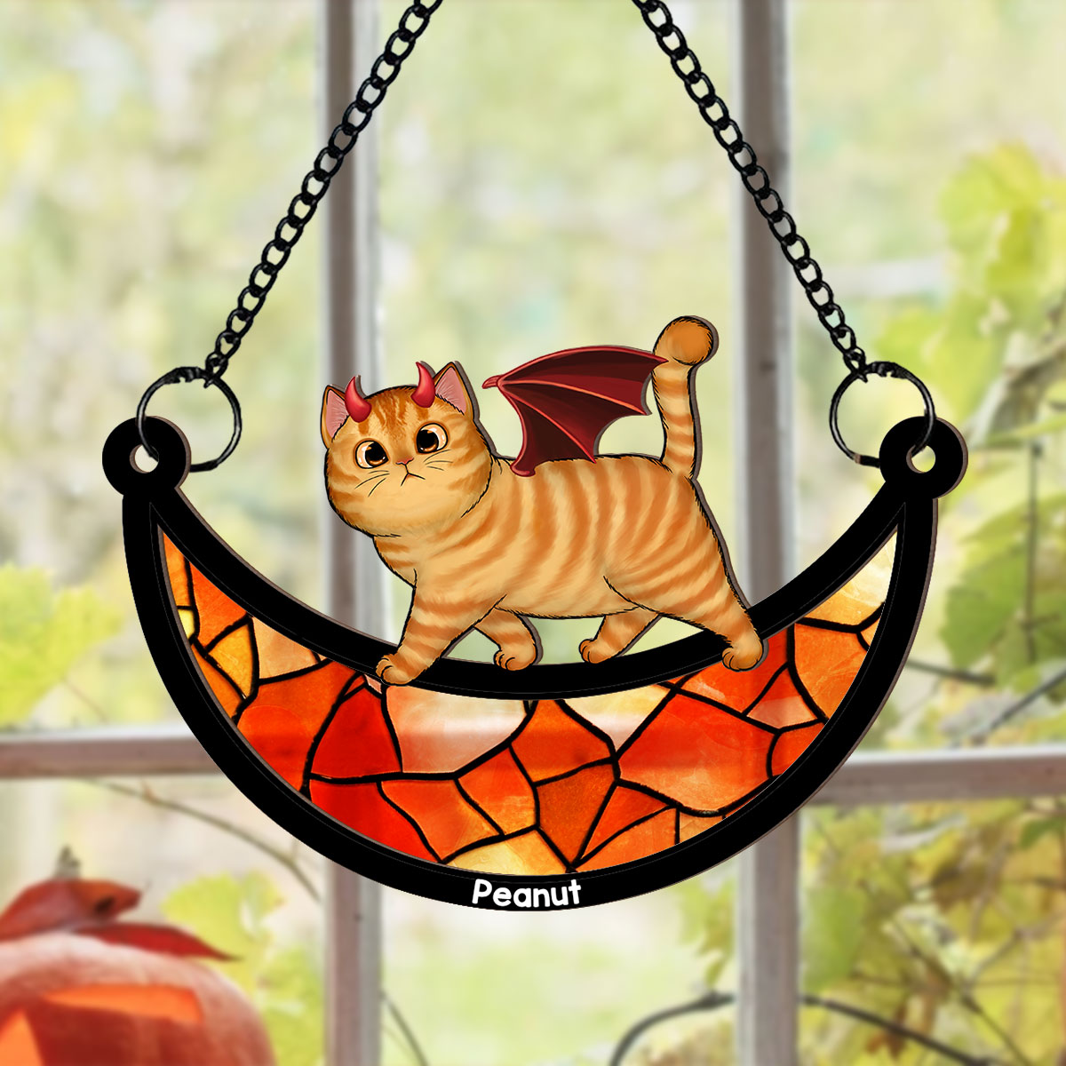 Halloween Cat Walking On Moon Personalized Suncatcher, Halloween Decoration