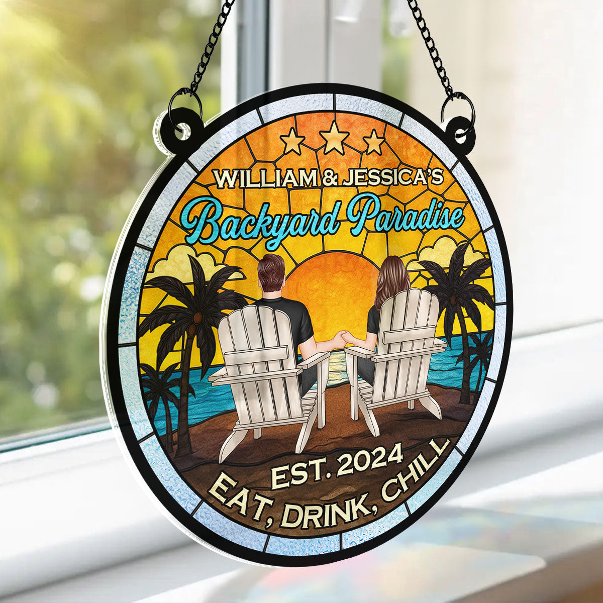 Couple Poolside Backyard Paradise Personalized Acrylic Suncatcher