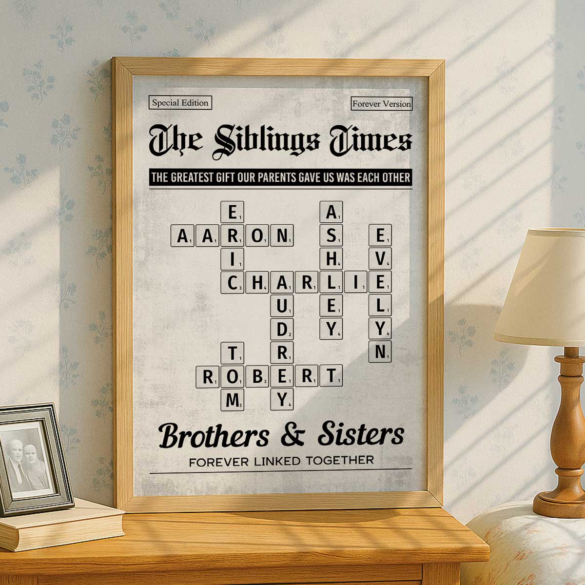 The Siblings Times Crossword Puzzle Newspaper Style - Personalized Poster - Keepsake Gift For Brothers, Sisters