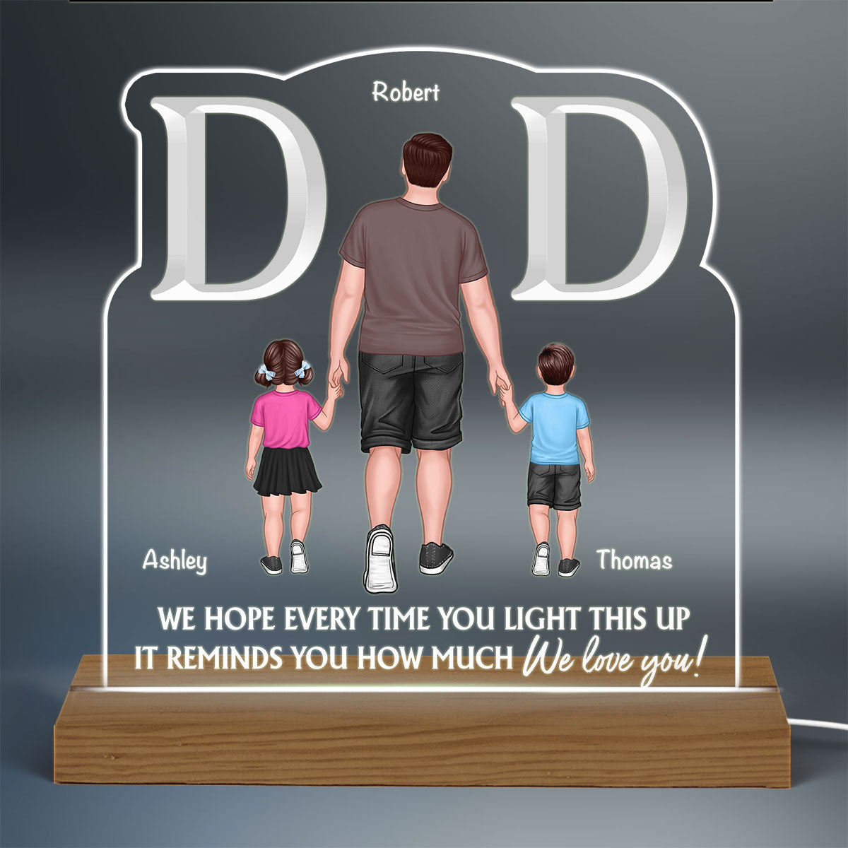 Dear Dad Back View Man Dad And Kids Walking Personalized Custom Shape Acrylic Plaque Warm LED Night Light