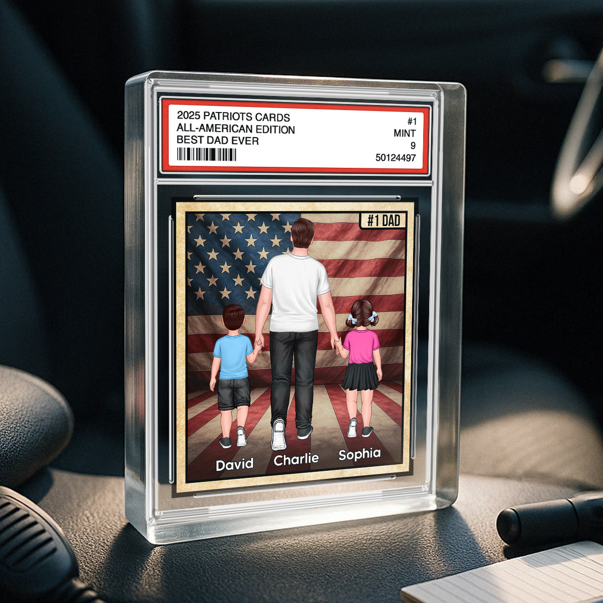 Nation Flag Dad & Kids Walking Patriotic Dad Trading Card Style Personalized Acrylic Block Plaque