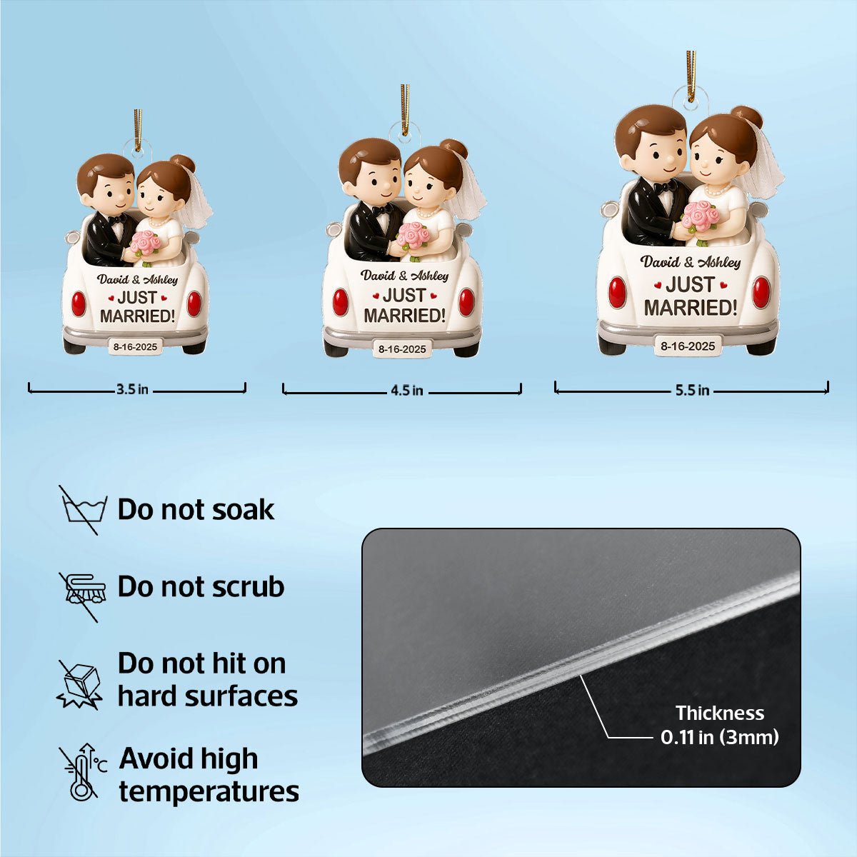 3D Effect Just Married Forever Love Couple Personalized Flat Acrylic Ornament, Gift For Newly Wedding Couple