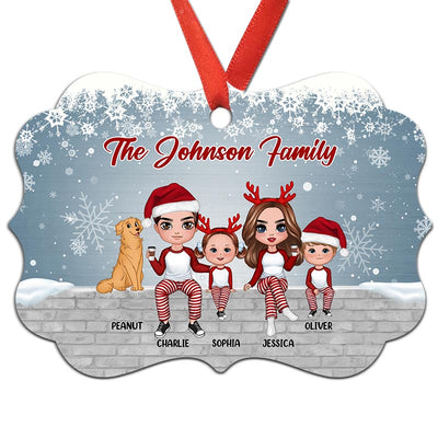 Doll Family Sitting On Snow Wall Personalized Christmas Ornament