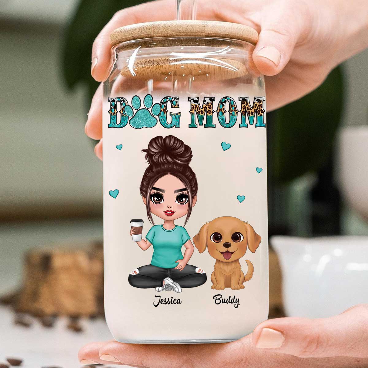Watercolor Cute Dogs Teal And Leopard Dog Mom Personalized Clear Glass Can