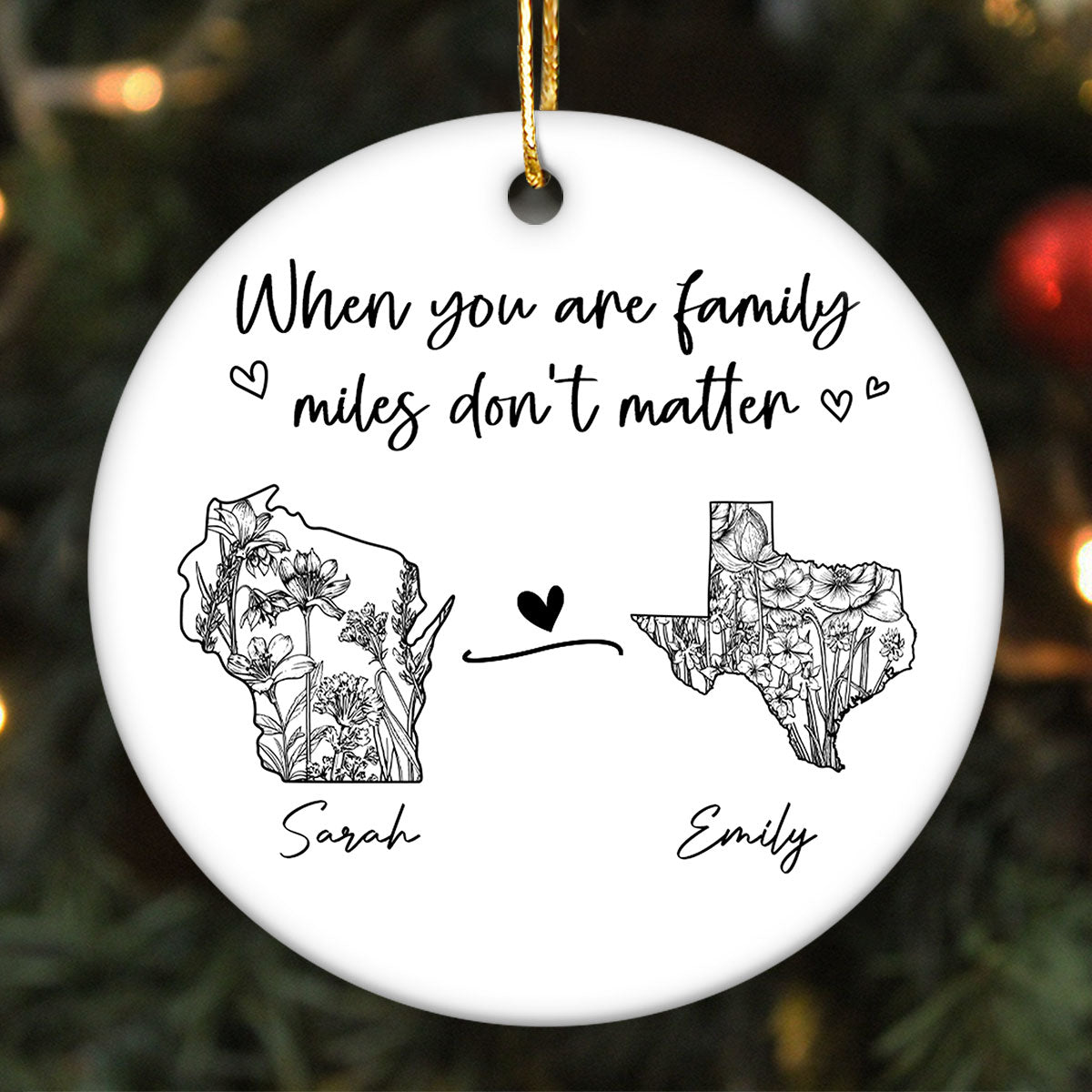 Togetherness Keepsake Long Distance Outline Wildflower State Map Personalized Ceramic Ornament
