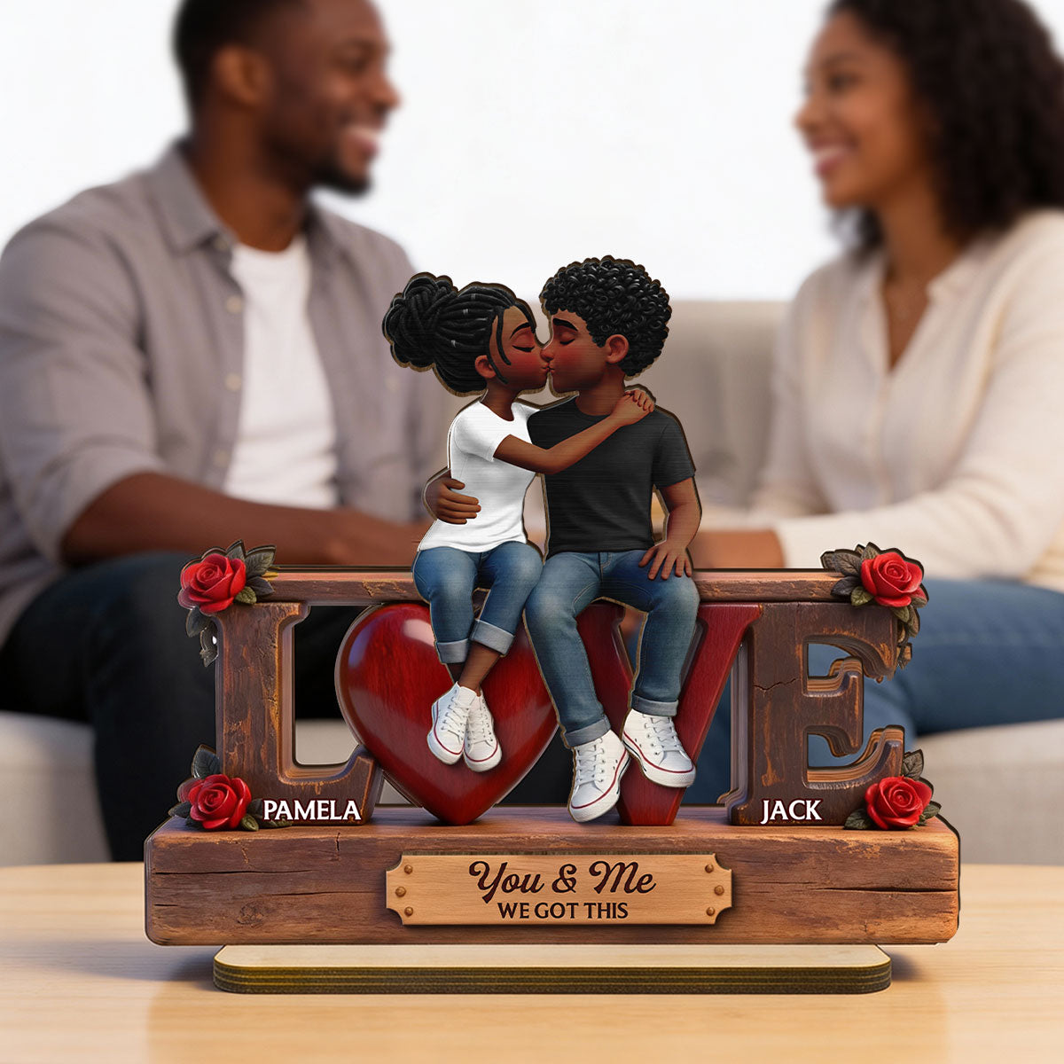 Roses LOVE Couple Sitting Kissing - Personalized 2-Layered Wooden Plaque - Heartfelt Gift For Couple, For Him, For Her