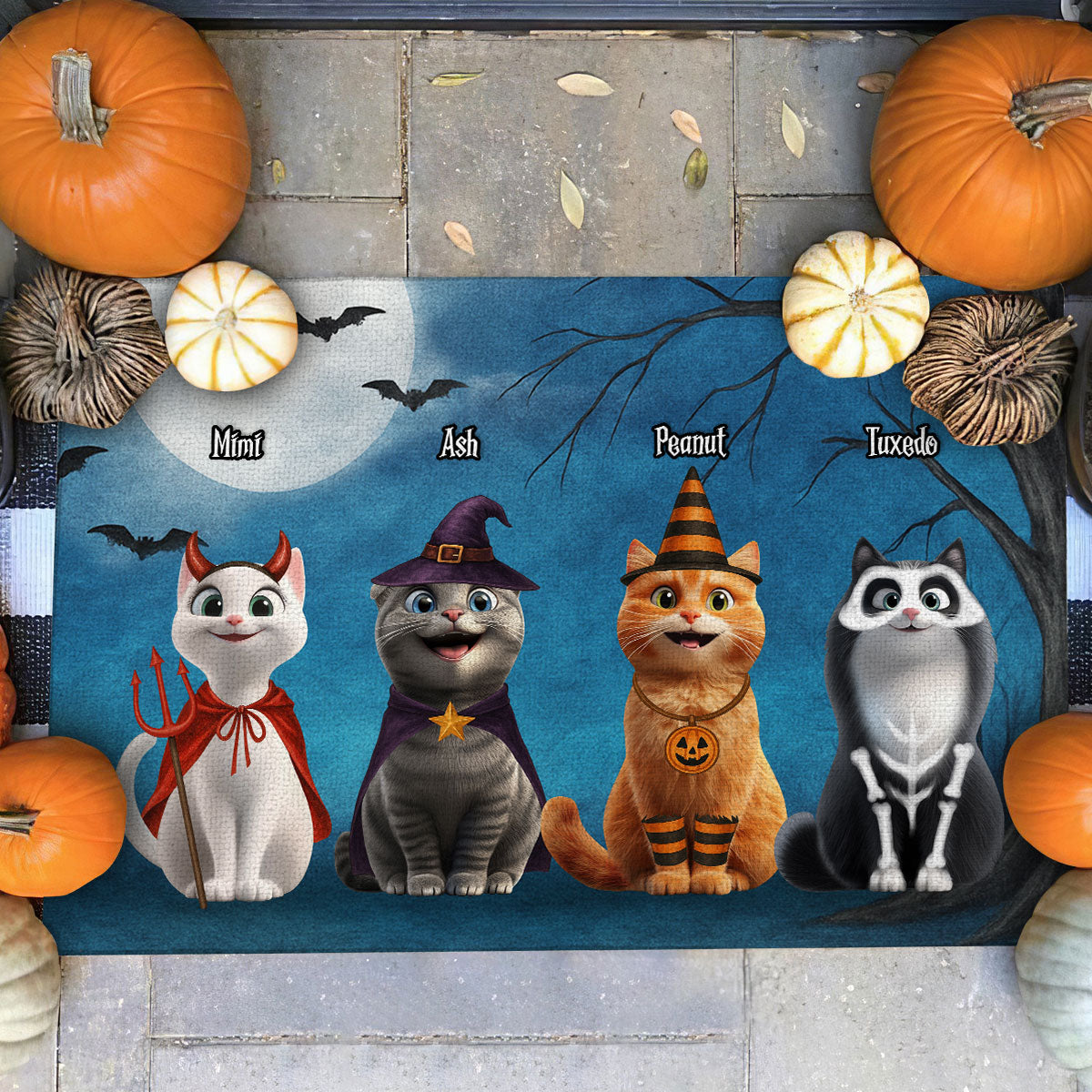 Halloween Cute Cats Sitting in the Moon Light Personalized Doormat, Halloween Decor for Cat Lovers