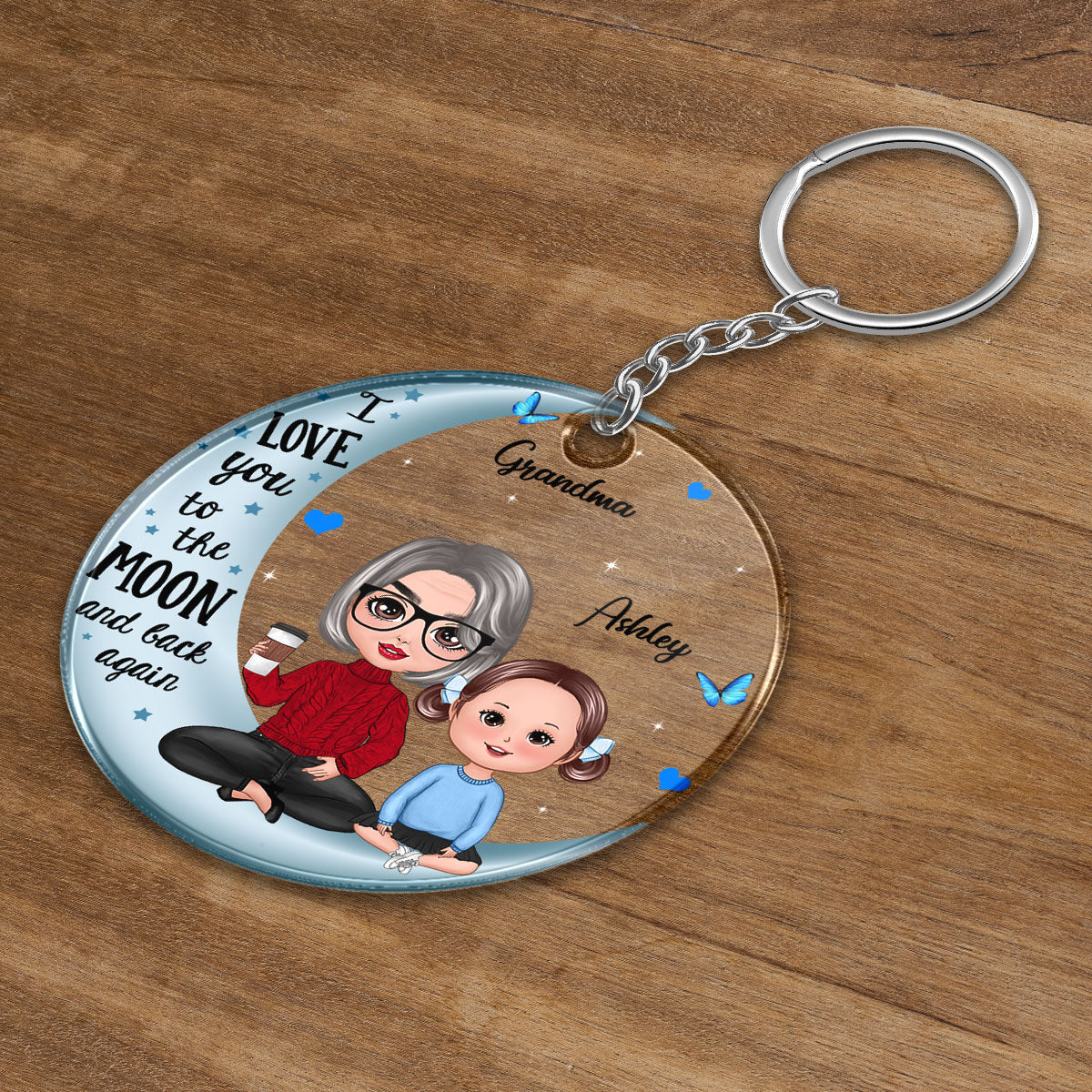 Doll Grandma & Grandkid On Blue Moon Personalized Acrylic Keychain