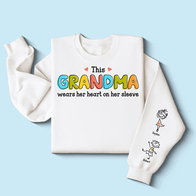 This Grandma Wears Her Heart On Her Sleeve Personalized Sleeve Printed Sweatshirt, Gift For Grandma