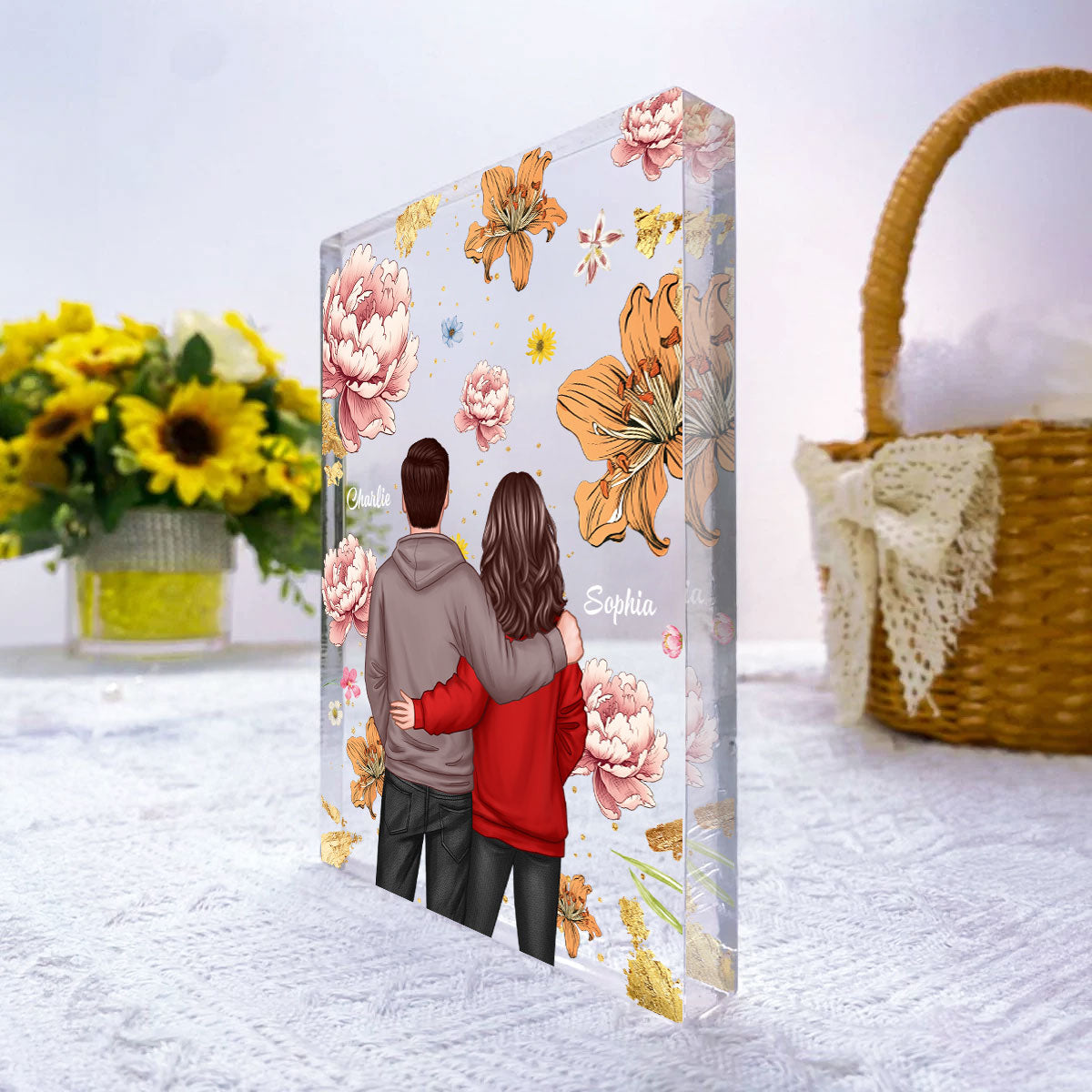 Couple Hugging Back View Birth Month Flower Personalized Acrylic Block Plaque, Heartfelt 2025  Gift, Anniversary Gift For Girlfriend, For Wife