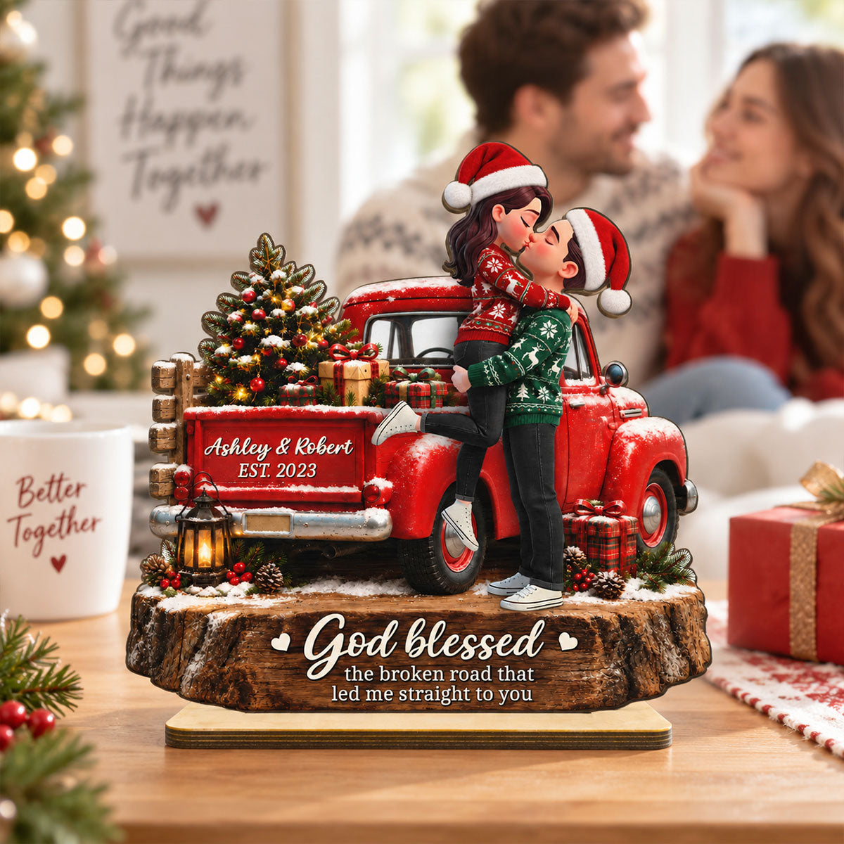 Eternal Love Couple God Blessed Broken Road Led Me Straight To You - Personalized 2-Layered Wooden Plaque - Christmas Gift, Anniversary Gift For Couple, For Him, For Her, Christmas Tabletop Decor