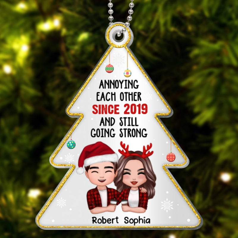 Annoying Each Other Since Doll Couple Hugging Holding Drinks Personalized Christmas Tree Shaped Acrylic Ornament