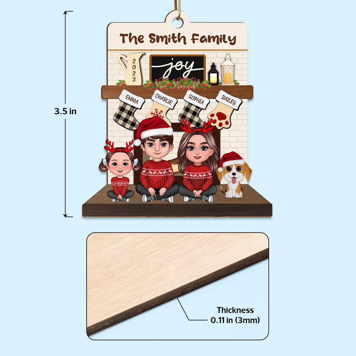 Couple Sitting With Dogs Cats Fireplace Personalized Wooden Ornament
