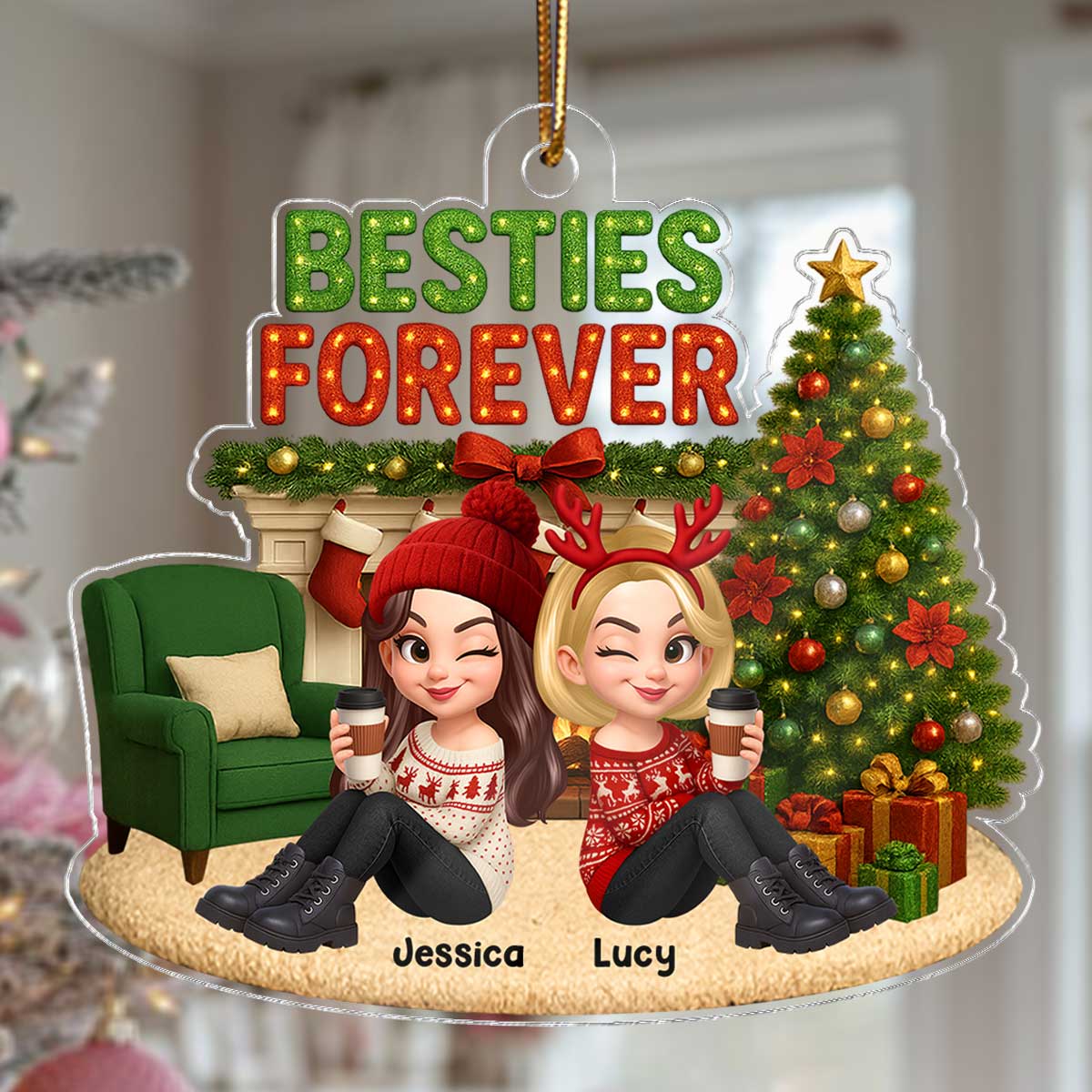 Christmas Besties Forever Cozy Fireplace - Personalized Acrylic Ornament - Gift For Best Friends