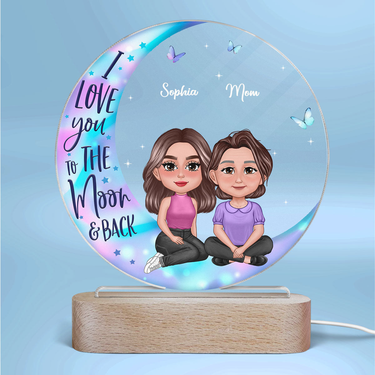 Pretty Doll Mother Daughter Sitting On Moon Personalized Circle Plaque LED Night Light