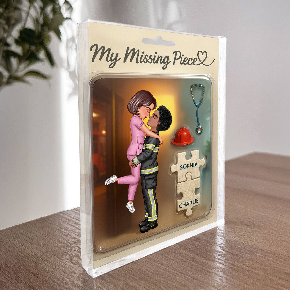 My Missing Piece Firefighter Nurse Doll Couple Personalized Acrylic Block Plaque, Gift for Him, Gift for Her