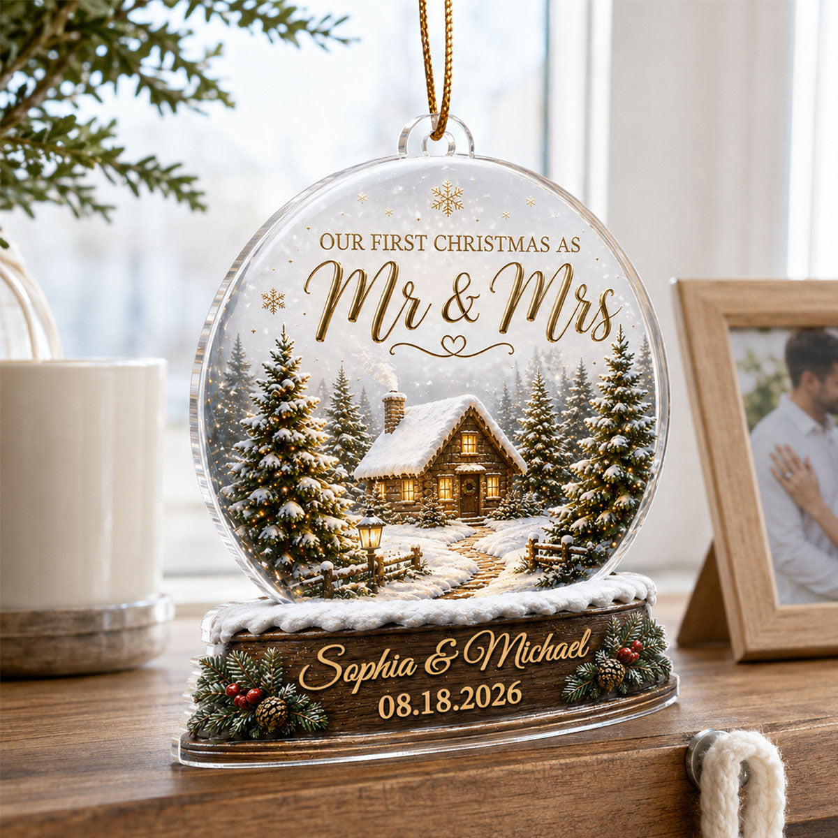 First Christmas Married - Personalized Acrylic Ornament - Custom Mr and Mrs Keepsake, Winter Cabin Ornament, Newlywed Gift