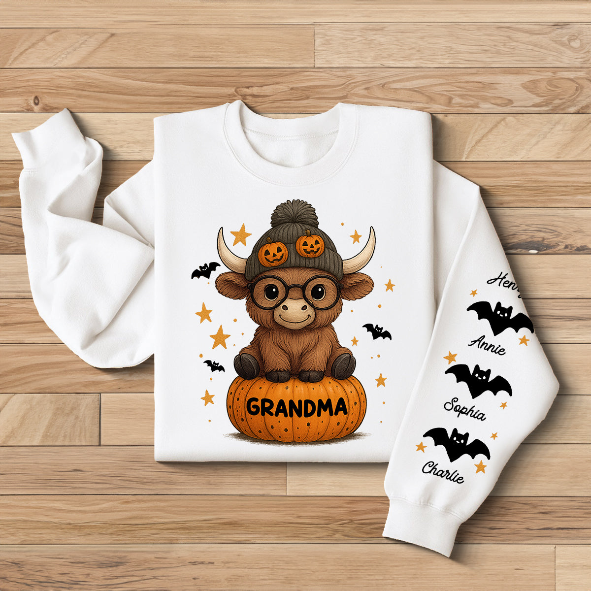 Halloween Highland Cow Grandma Personalized Sleeve Printed Sweatshirt