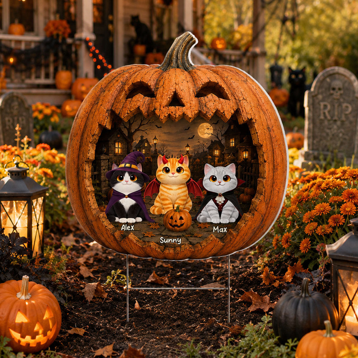 Spooky Halloween Pumpkin Cats - Personalized Yard Sign - Halloween Decor For Cat Lovers