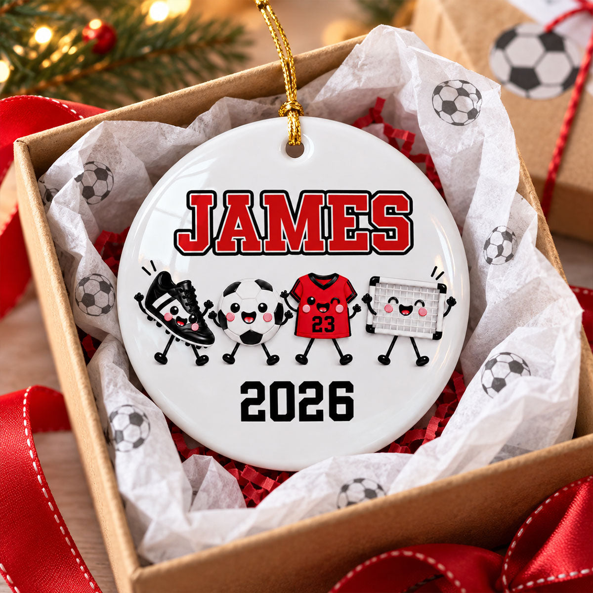 Soccer Things 2D Flat - Personalized Ceramic Ornament – Custom Name Soccer Christmas Keepsake Gift for Player, Son, Daughter, Teen & Soccer Fan