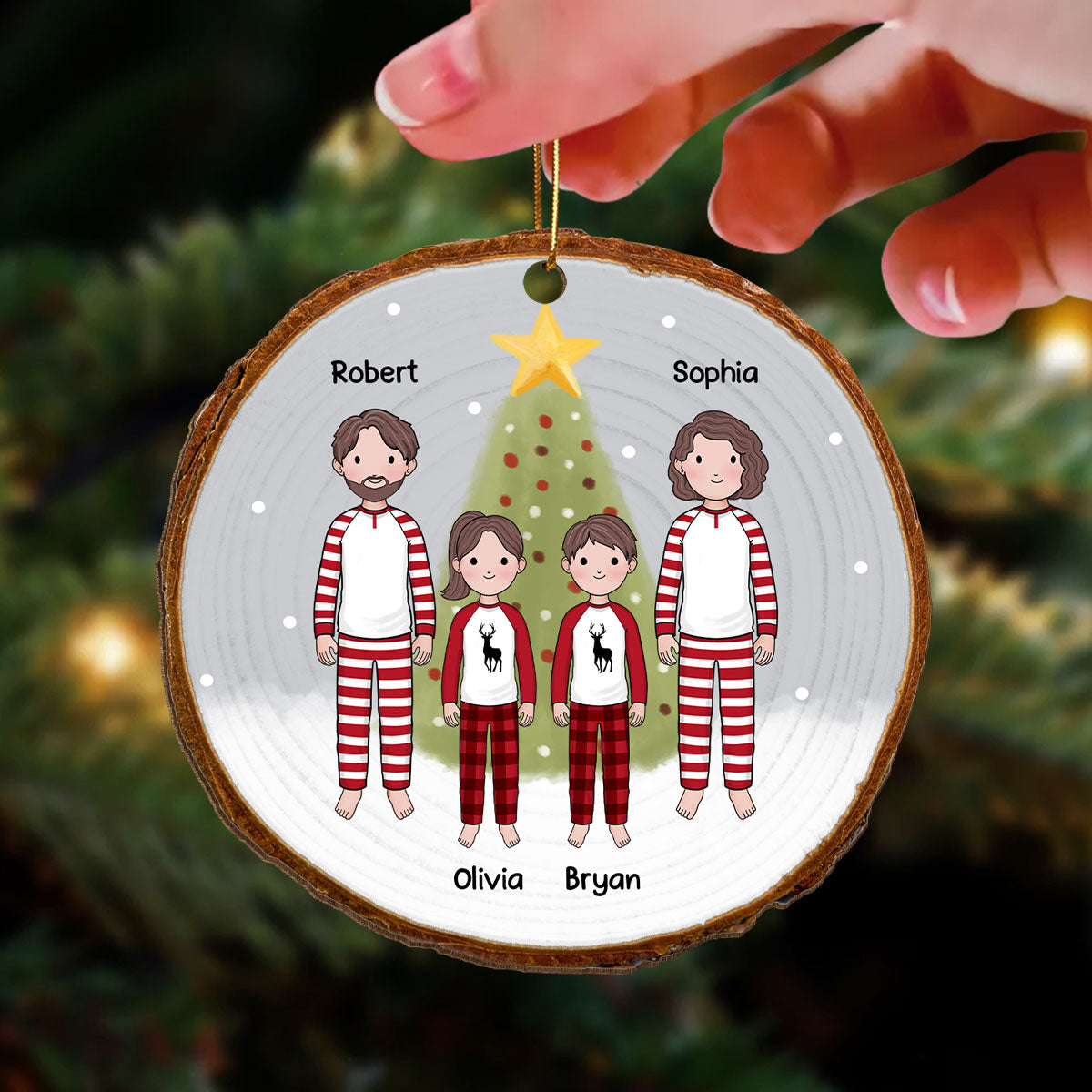 Simple Cartoon Whole Family By Christmas Tree In Snow Wood Slice Personalized Wooden Ornament