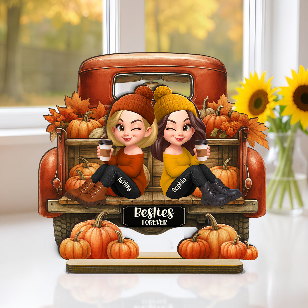 Besties Sitting on Fall Truck Personalized Standing Wooden Plaque, Cozy Fall Decor, Fall Gift for Best Friends