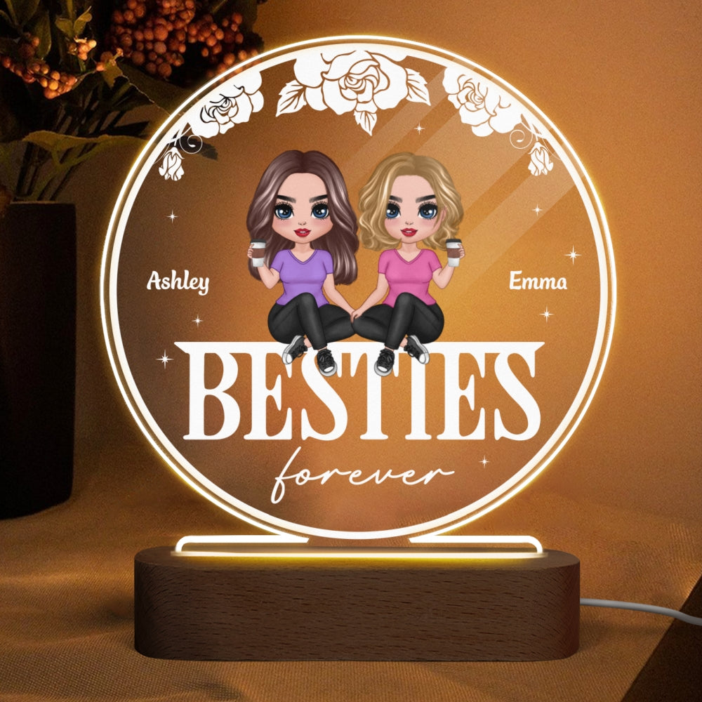 Doll Besties Sisters Sitting On Word Personalized Circle Acrylic Plaque LED Lamp Night Light