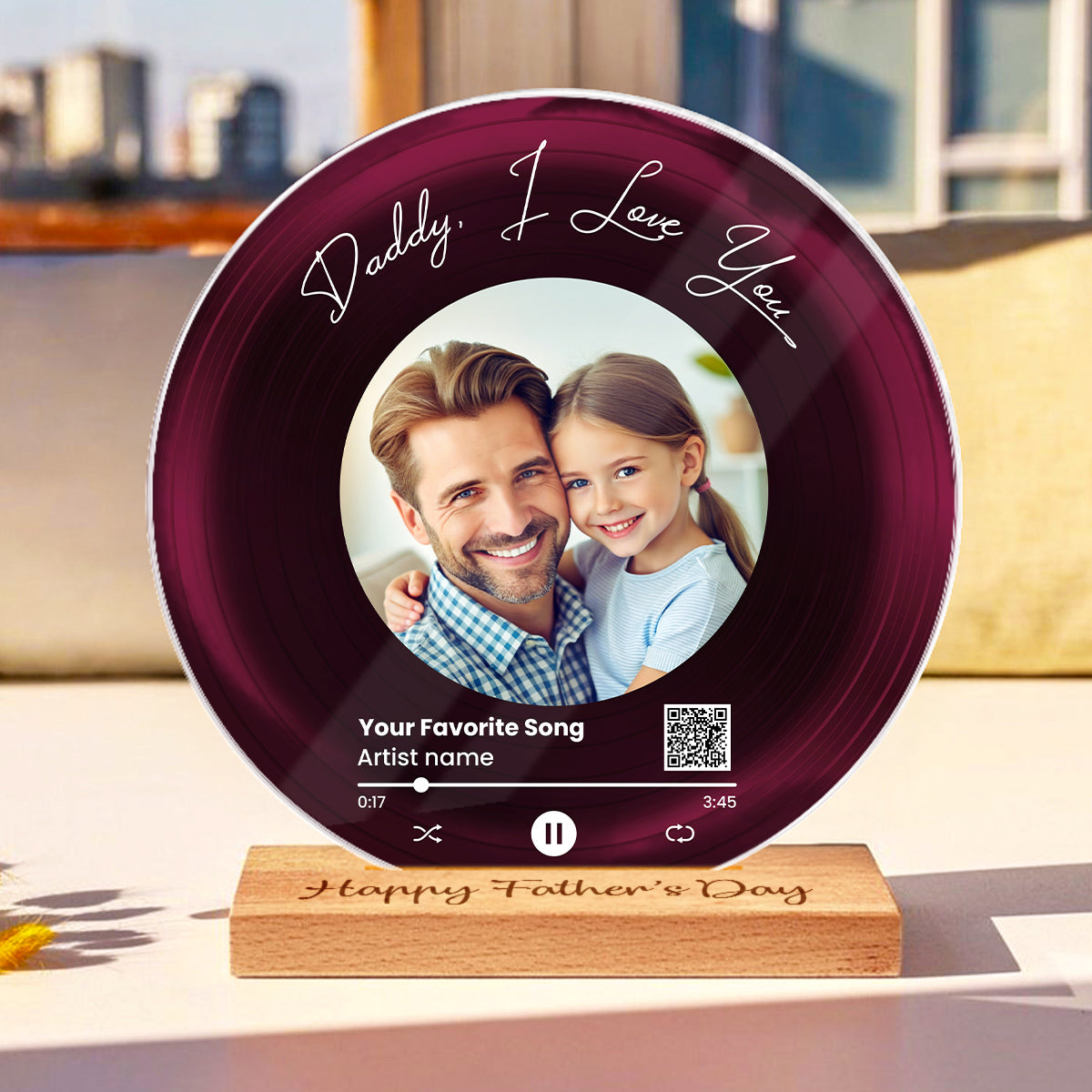 Daddy We Love You Upload Photo Favorite Song Scannable QR Code Personalized Acrylic Record Plaque